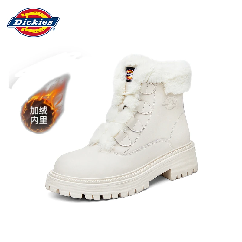 Dickies冬皮毛一体加绒加厚女靴防滑马丁靴休闲时尚系带雪地靴款