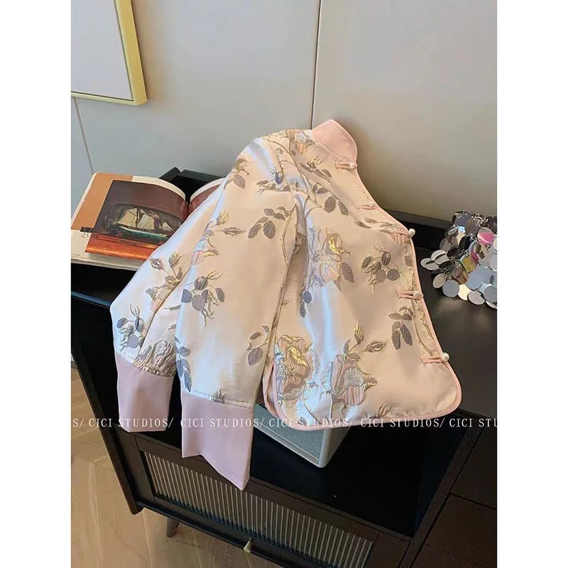 99096新中式撞色盘扣缎面旗袍外套女春秋新款复古国风气质上衣