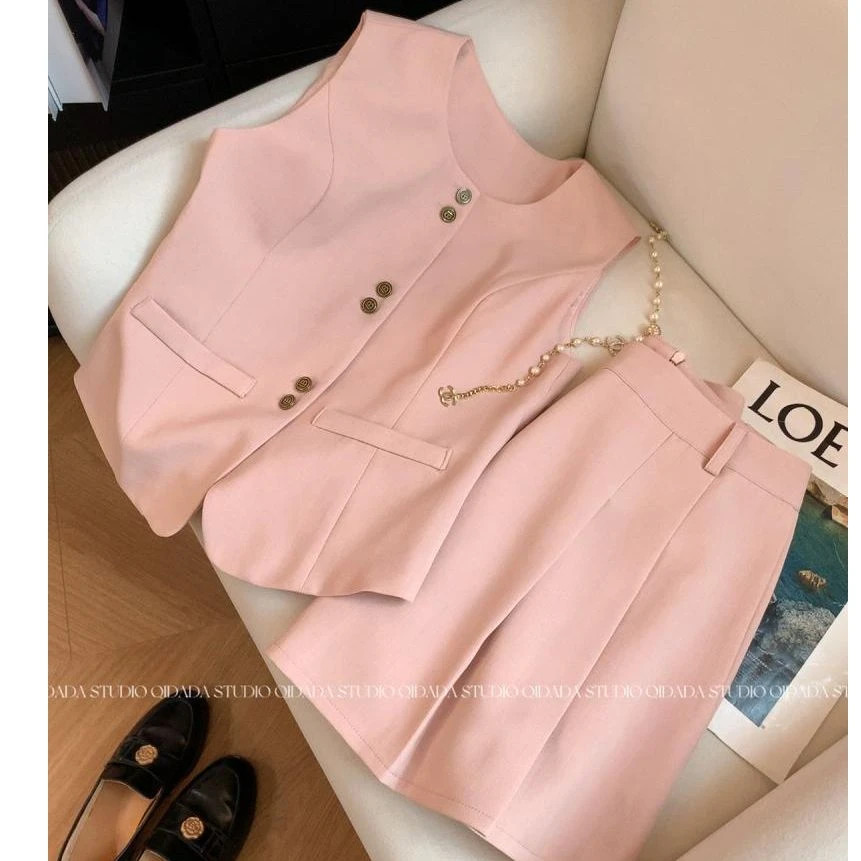 99955粉色小香风马甲套装新款夏季百搭显瘦小个子裙子气质两件套