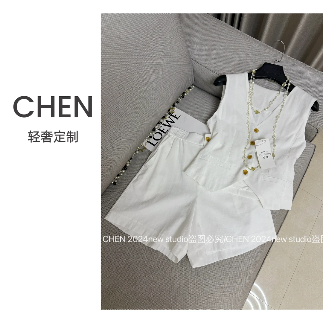 【CHEN】88073法式休闲套装夏季时尚高端无袖马甲高腰短裤两件套女