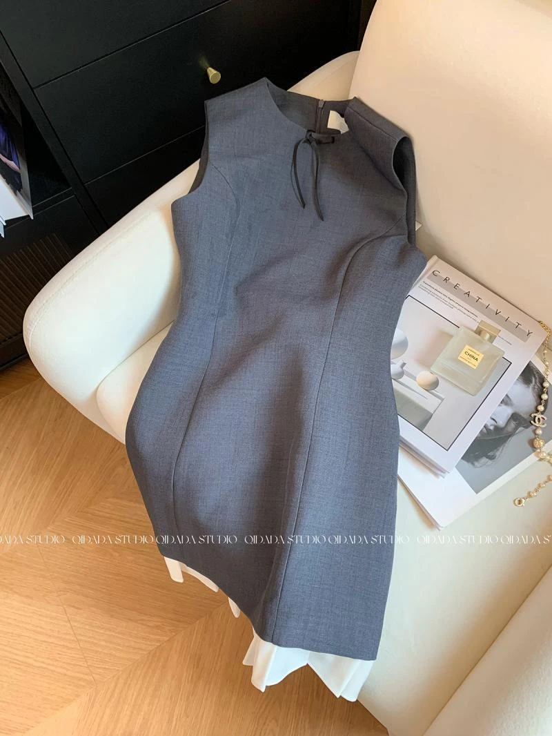 99972灰色蝴蝶结无袖背心连衣裙新款荷叶气质修身裙子