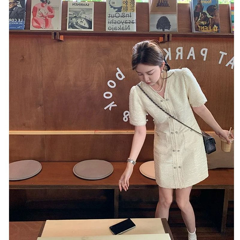 【梦成专属】88053小香风V领连衣裙女2024夏季新款韩版短袖A字裙