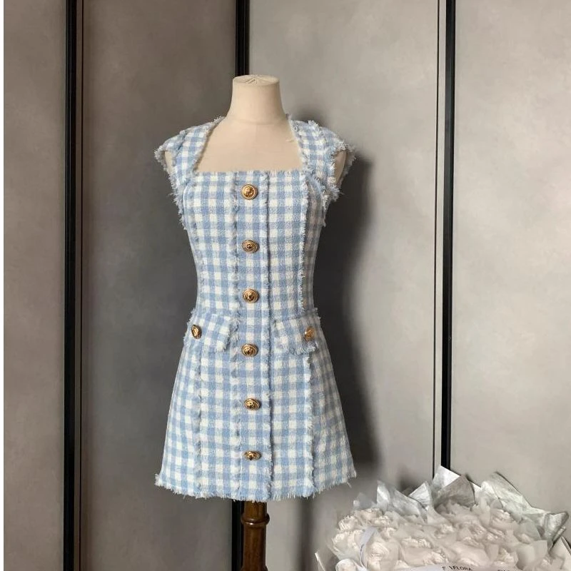 【安妮老板】88120修身方领蓝白格粗花呢香风编织法式连衣裙