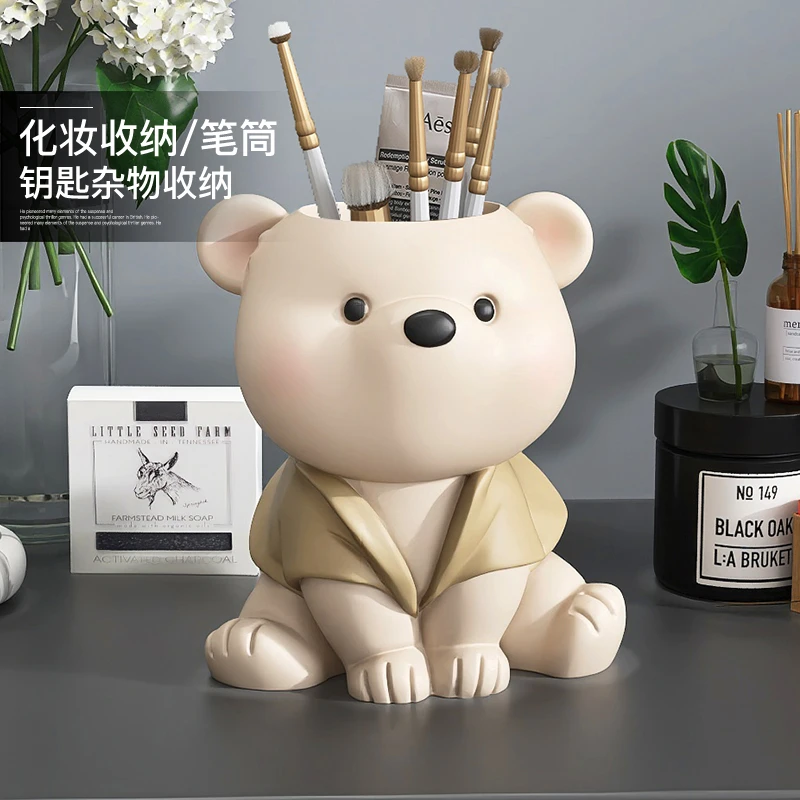 棕榈树卡通小熊笔筒摆件客厅电视柜办公室桌面收纳盒乔迁生日礼物