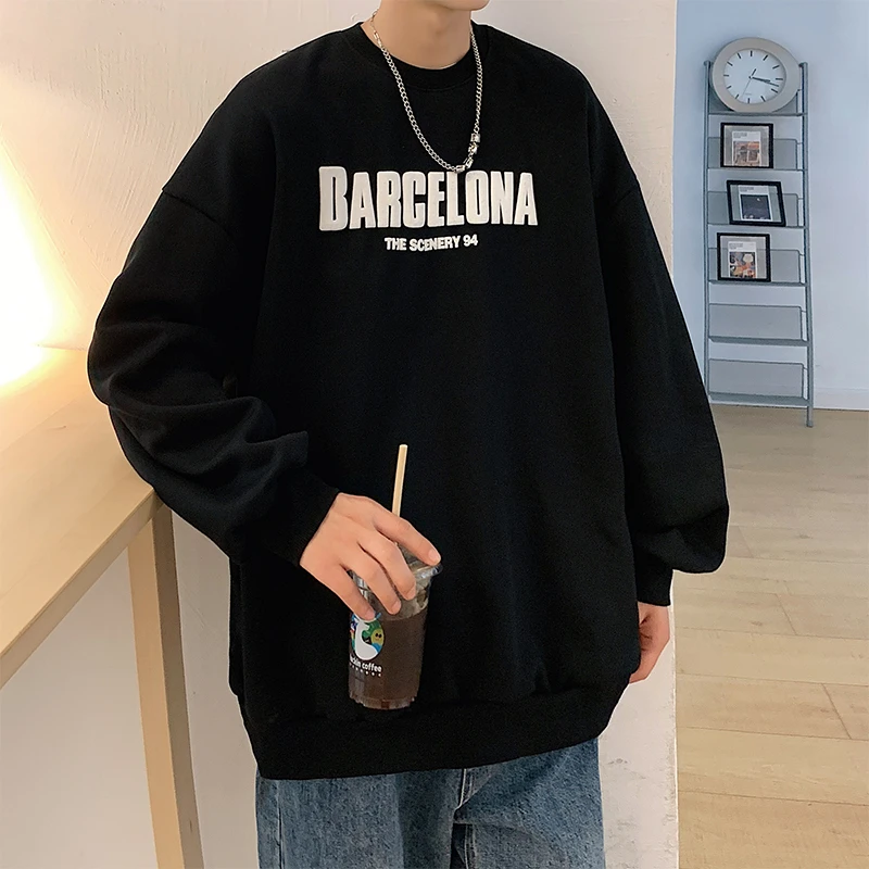 黑色美式圆领卫衣男士休闲秋季新款百搭时尚痞帅长袖宽松印花上衣