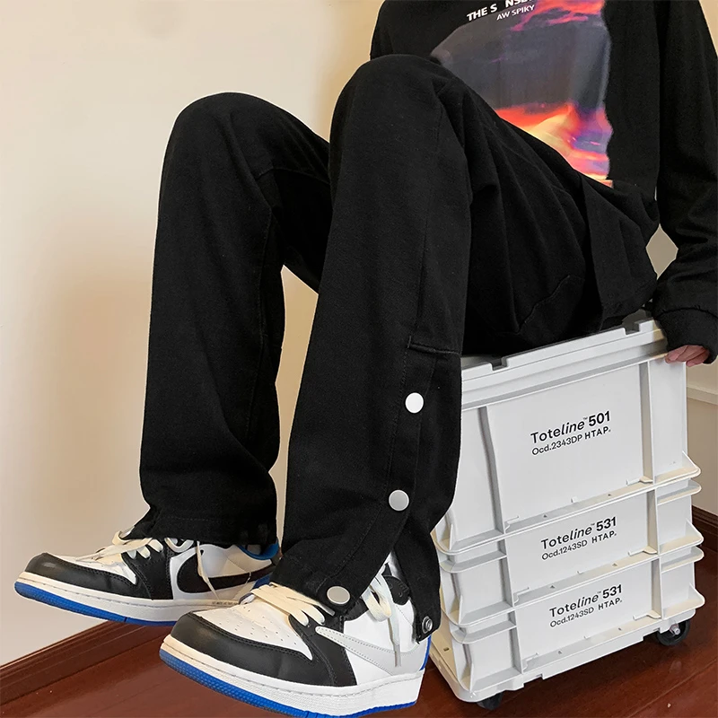 水洗牛仔裤男款秋冬季美式高街潮流排扣裤宽松直筒垂感黑色休闲裤