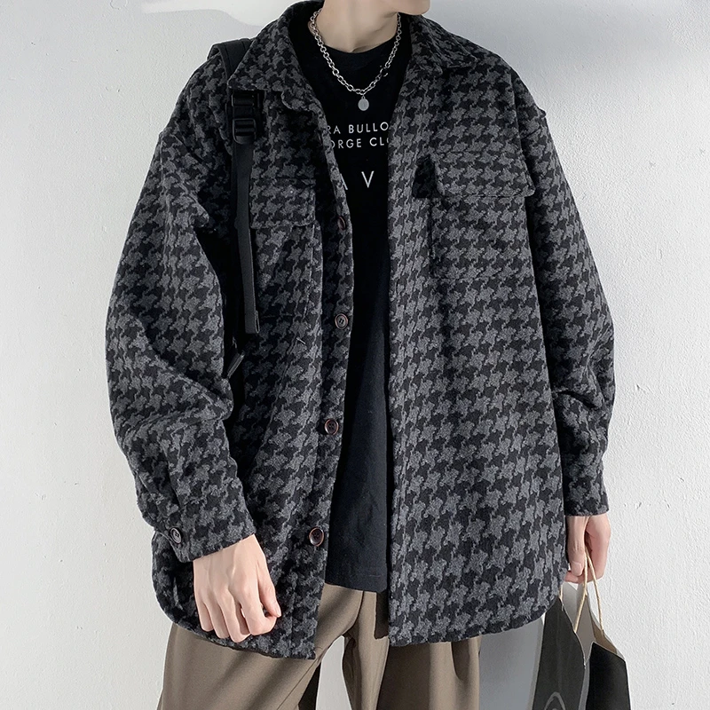 千鸟格外套男士春秋格子潮牌潮流男装上衣服青少年小香风百搭夹克