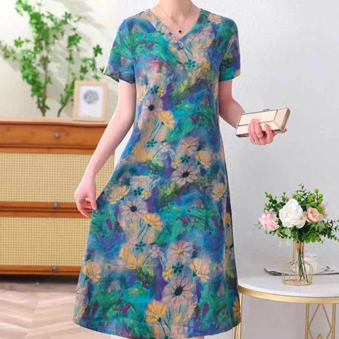 新款连衣裙莫奈花园短袖女中长裙