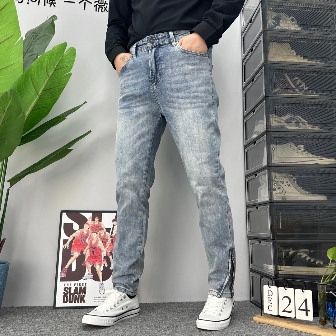 男士春季新款潮牌水洗蓝色裤脚拉链微喇牛仔裤高街修身弹力休闲裤