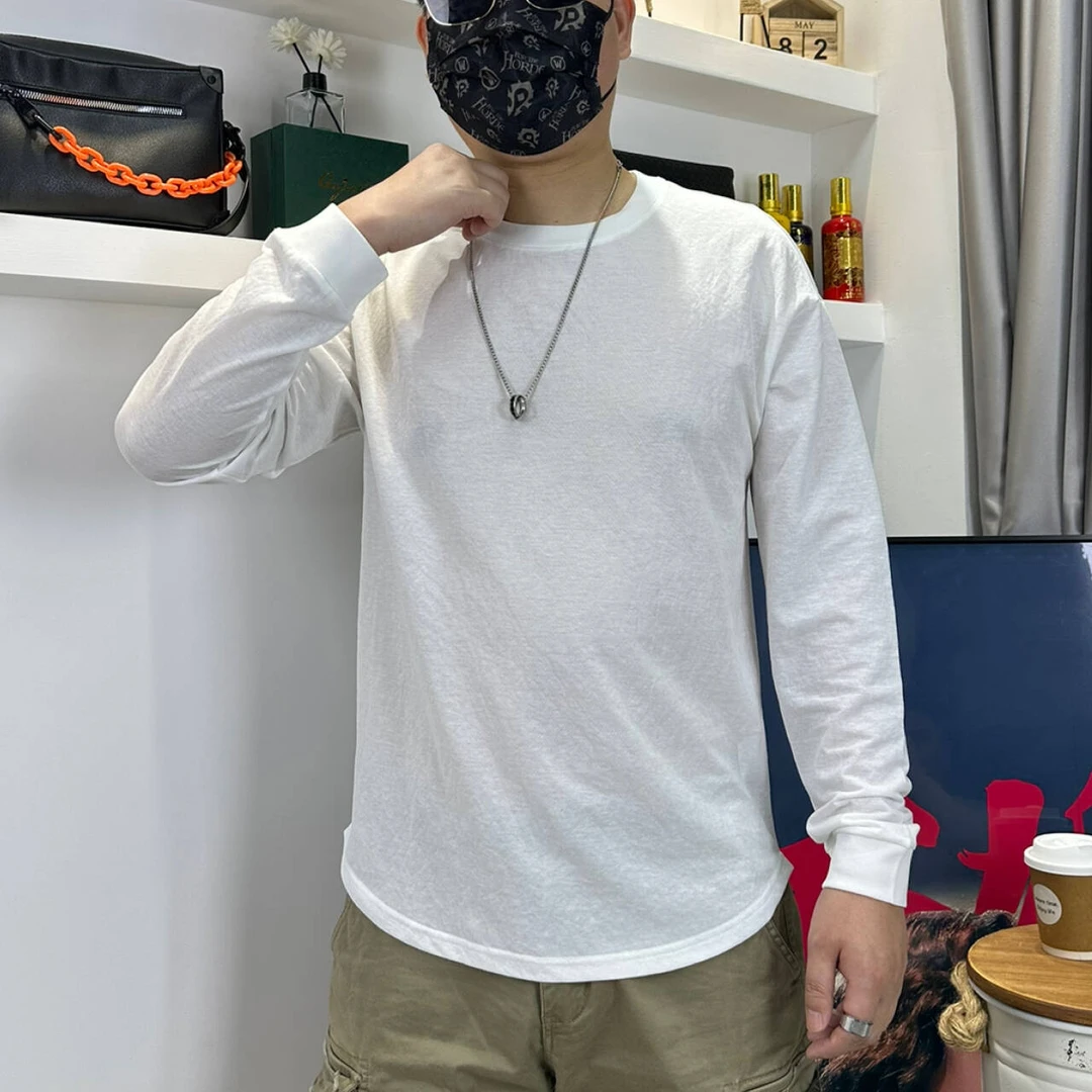 冰感简约百搭纯色圆弧长袖休闲T恤宽松潮流白色圆领男士防晒衣