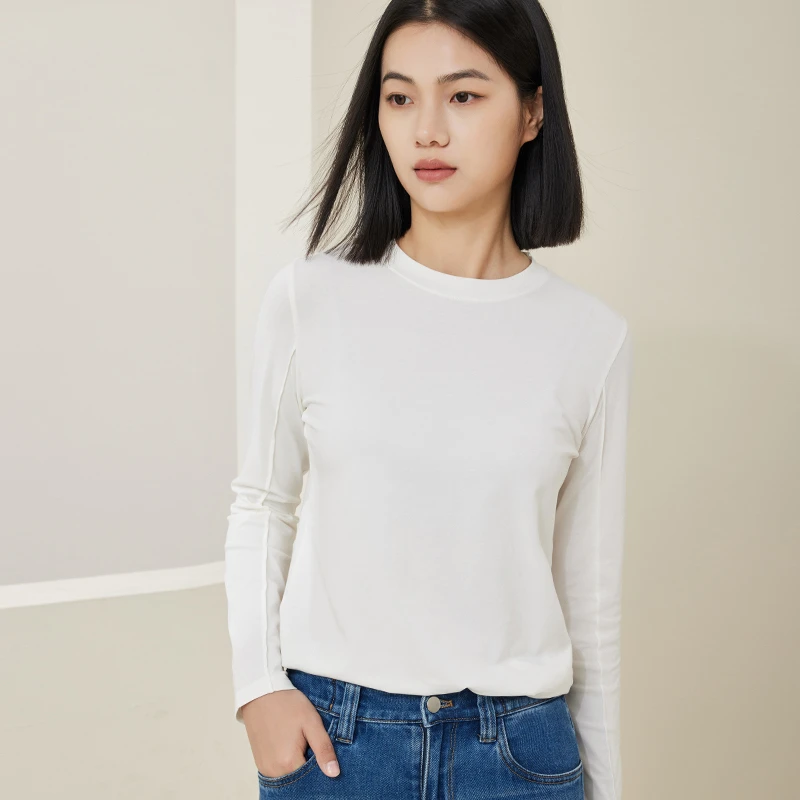 SHOKAY绣嘉锌纤维抗菌长袖T恤通勤时尚拼接小众设计圆领打底上衣