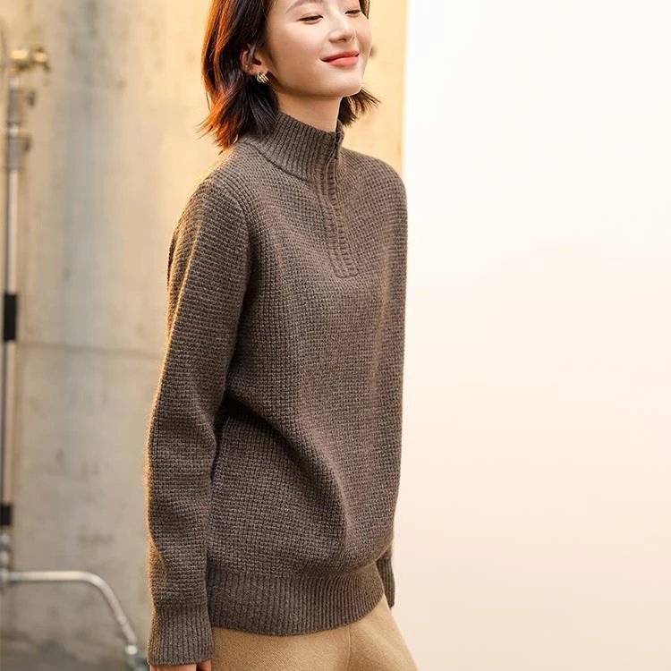 SHOKAY情侣款100%牦牛绒华夫格纹半高领拉链毛衣