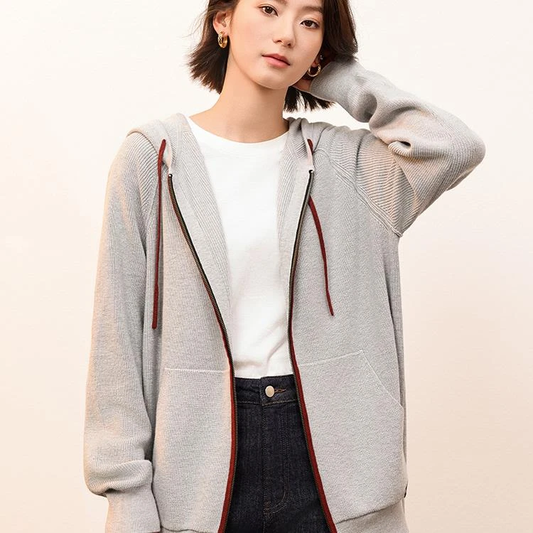 【香顿】情侣款撞色连帽针织外套牦牛绒棉混纺
