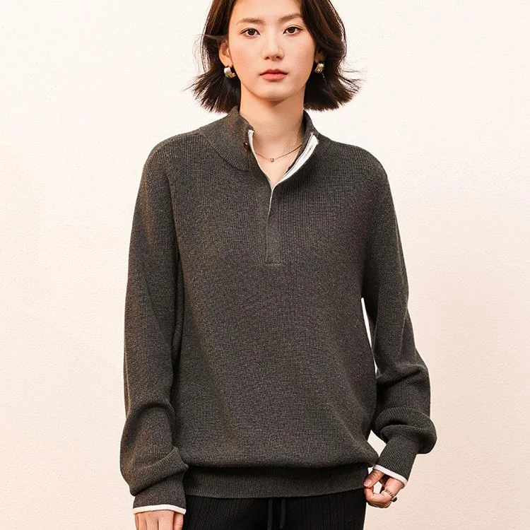 半拉链双层撞色翻领针织衫 牦牛绒棉混纺
