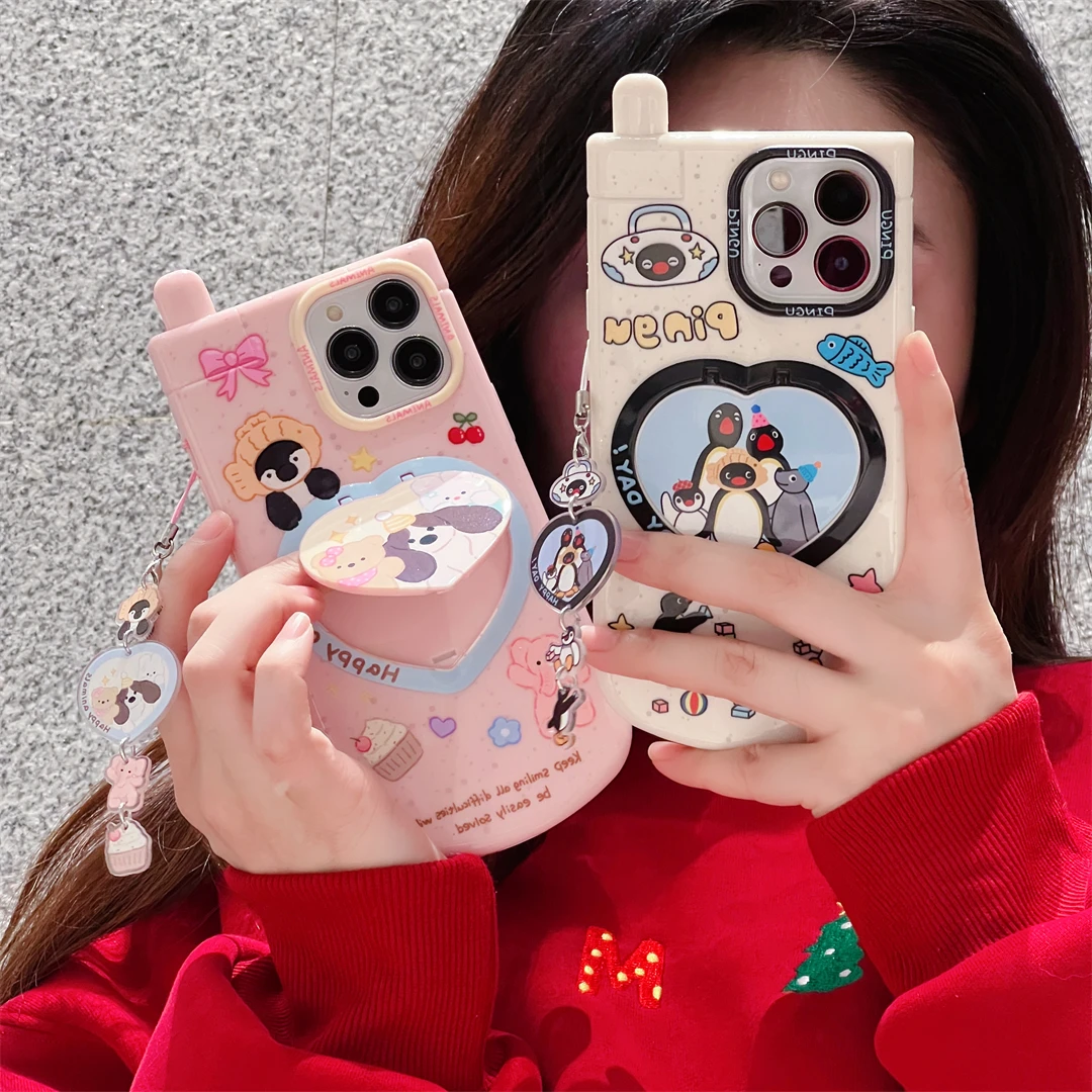 企鹅小动物苹果15卡通iphone14promax手链13镜子支架12防摔手机壳