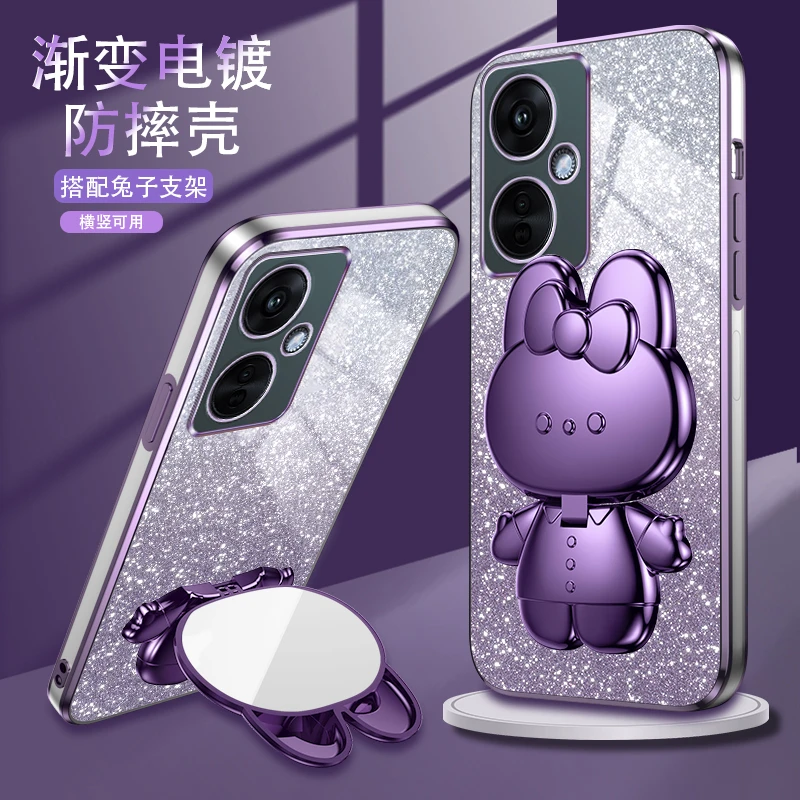 OPPOK11XR17R15F23F19手机电镀壳网红补妆镜透明防摔兔子支架闪粉