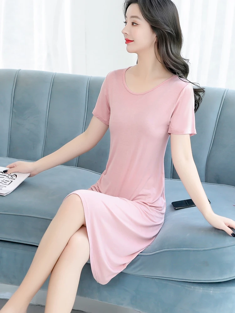 大码圆领纯色过膝遮肚连衣裙女夏季薄款修身显瘦外穿打底a字裙夏