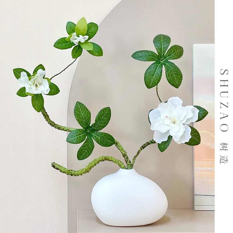 【春鸣】栀子花仿真花陶瓷瓶清新简约茶几玄关隔断柜书房桌面摆件