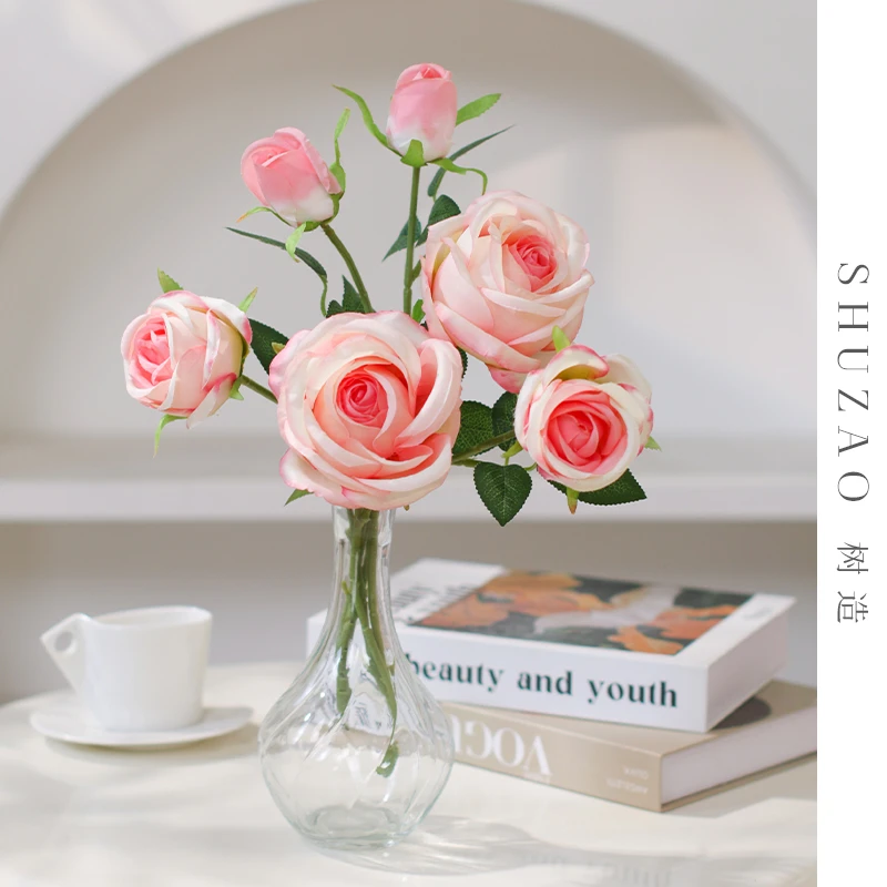 【桃红雪山】玫瑰仿真花玻璃瓶现代简约玄关梳妆台洗手台花艺摆件