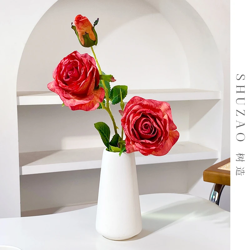 【花继续开】复古太子妃火烤焦边玫瑰仿真花做旧陶瓷瓶摆件桌面装饰