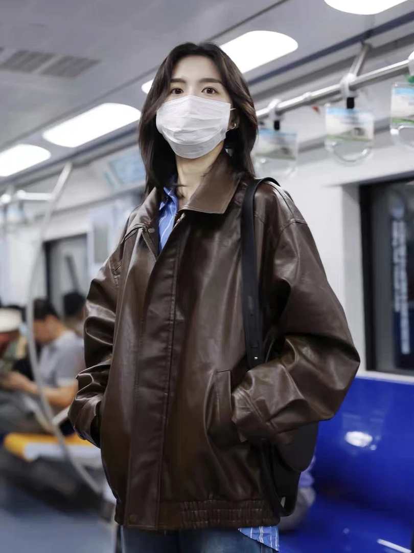 837A 秋季新款宽松复古情侣款皮衣外套商务休闲百搭简约翻领夹克