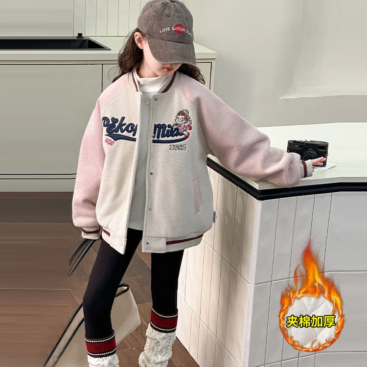 女童2024冬装新款韩国夹棉呢子卡通拼接棒球服休闲韩版儿童棉衣