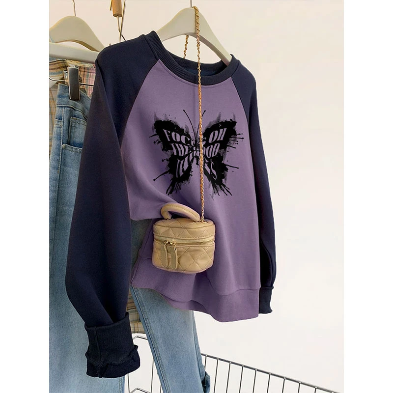 港味chic插肩袖美式复古宽松秋冬加绒卫衣女2025新款大码胖mm