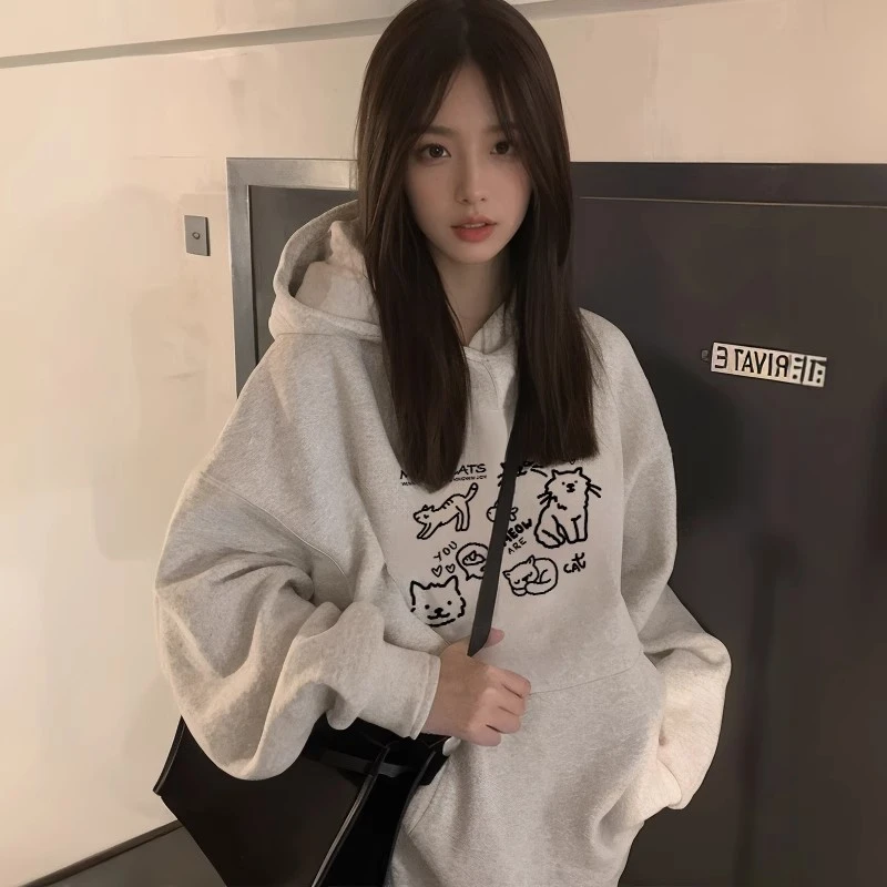 白花灰连帽卫衣女2025新款春秋宽松早秋长袖外套加绒加厚秋冬上衣