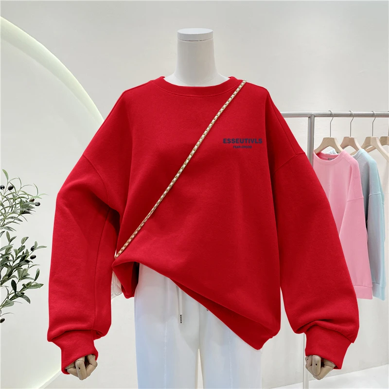 红色圆领秋冬加绒大码胖mm卫衣女2025新款爆款美式无帽外套上衣服