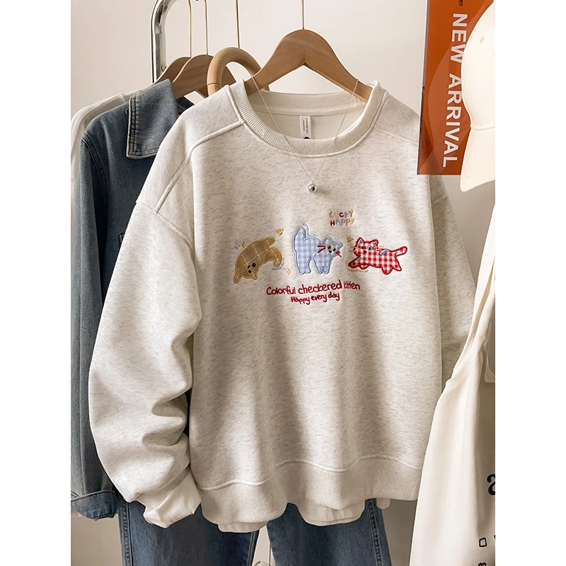 爆款绣花2025秋冬新款加绒卫衣女韩系大码胖mm宽松慵懒风外套