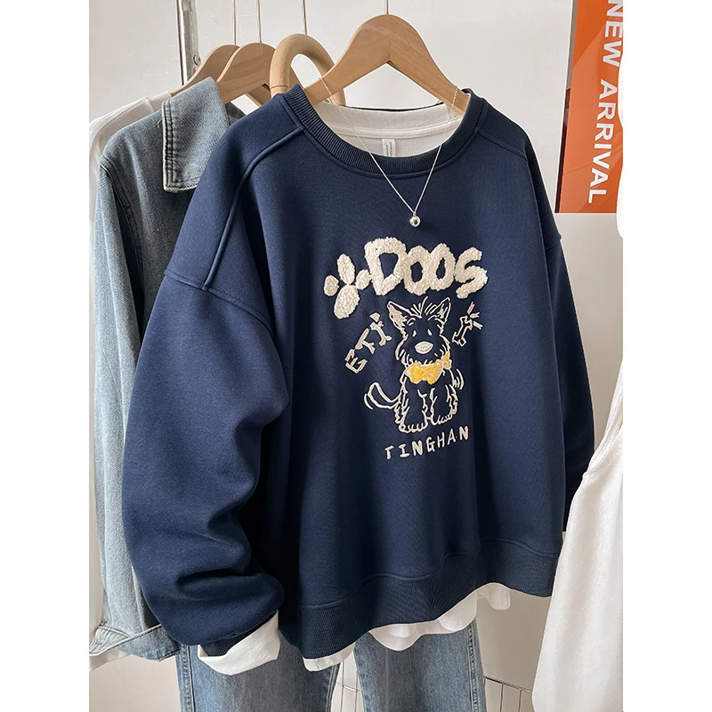 秋冬季爆款宽松大码胖mm圆领刺绣卫衣女2025新款加厚加绒圆领上衣