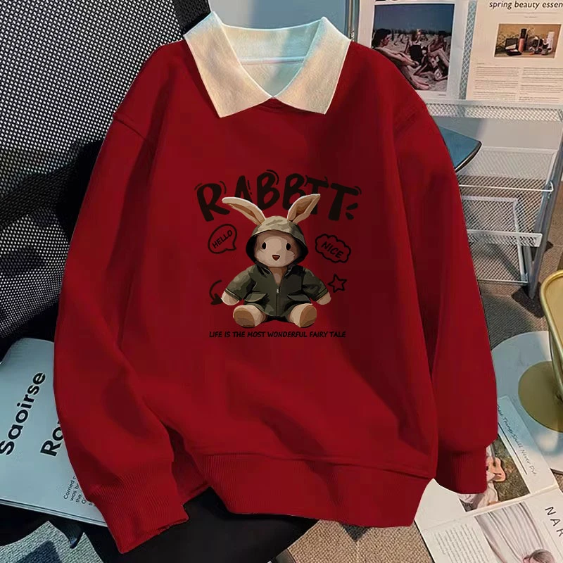 红色秋冬POLO领卫衣女韩系慵懒风2025新款爆款宽松大码胖mm上衣服