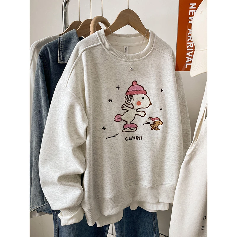 韩系百搭刺绣无帽卫衣女2025秋冬新款爆款休闲加绒大码胖mm上