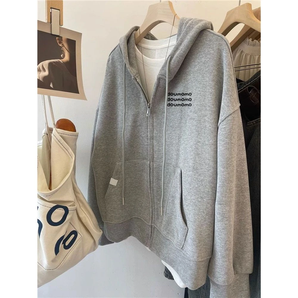 灰色开衫卫衣女外套2025早秋新款爆款大码胖mm宽松设计感薄款帽衫