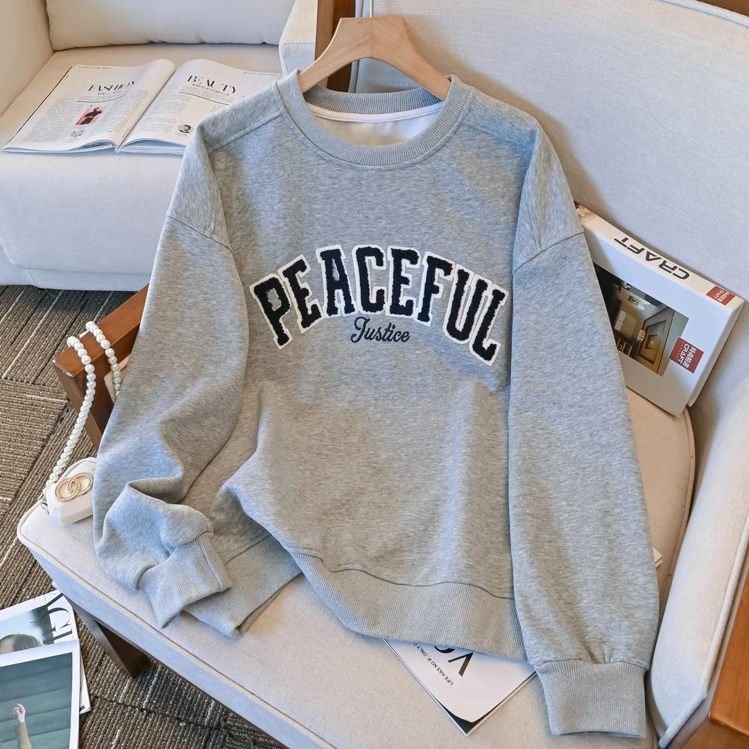 刺绣字母胖mm圆领卫衣女2025新款春秋爆款韩系大码秋冬加绒厚外套