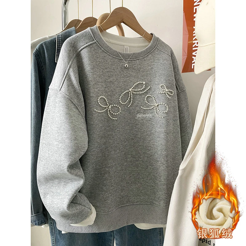 秋冬宽松慵懒风休闲外套刺绣上衣2025新款圆领蝴蝶结设计感卫衣女