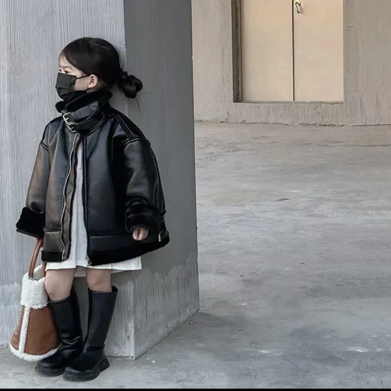 LZ7日系童装男女童皮毛一体机车服外套立领皮衣22439