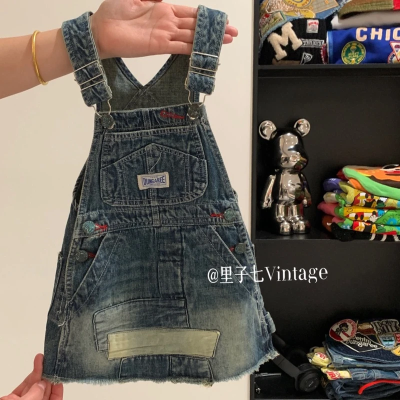 里子七童装日系中古童装小众jue版女童黑超做旧牛仔背带裙23586