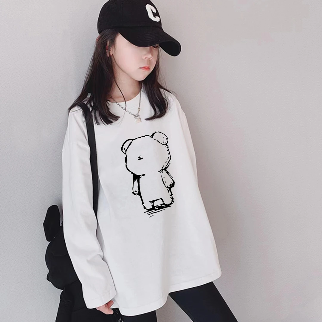 女童纯棉长袖100%宽松版落肩袖中大儿童休闲圆领春装T恤打底衫
