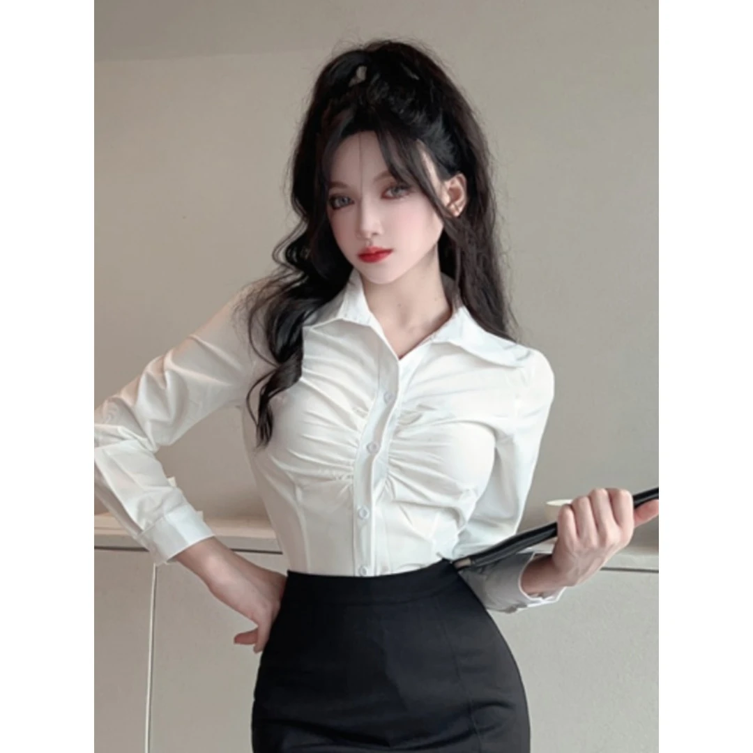 秋季白色衬衫女职业装气质酒店工作服秘书ol制服纯欲褶皱长袖上衣