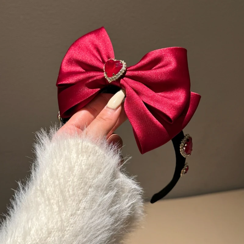 新年红色蝴蝶结发箍在逃公主爱心闪钻发卡韩版小众设计高颅顶头箍