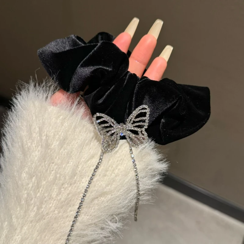 韩版镶钻蝴蝶结流苏大肠圈秋冬丝绒大号发圈时尚盘发高级感头绳