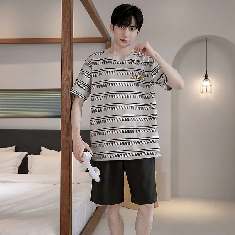 男士夏季高品质纯棉睡衣家居服套装 短袖+短裤 简约休闲可外穿