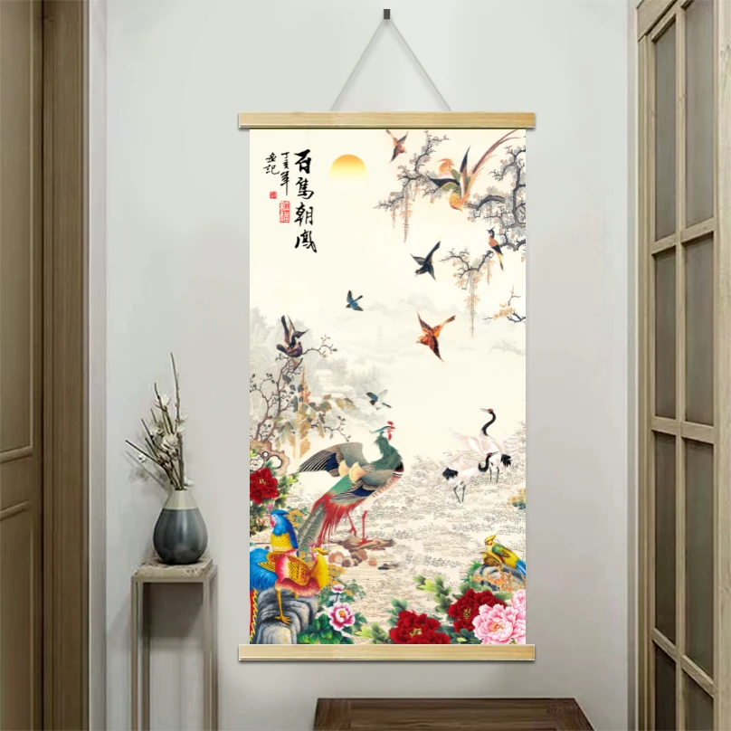 (百鸟朝凤)清晰木轴布艺挂画实木挂画卷轴山水清新家居装饰画高品