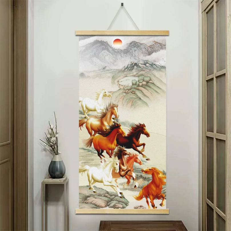 （八骏图）客厅装饰品玄关装饰画沙发背景墙家居饰品挂画高清品挂轴