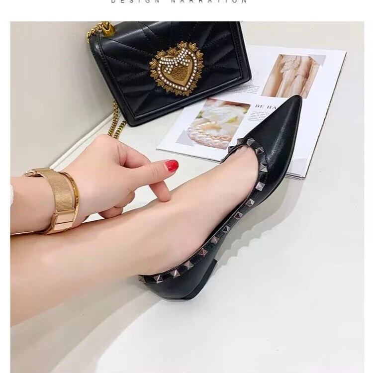 【iFashion】02黑色春秋尖头浅口铆钉一脚蹬平底气质工作鞋单鞋女