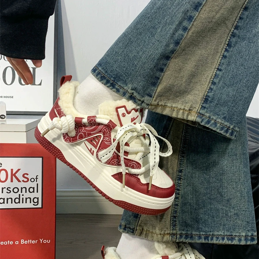 Warrior/回力酒红厚底加绒二棉鞋子女2025新款爆款百搭chic板鞋女
