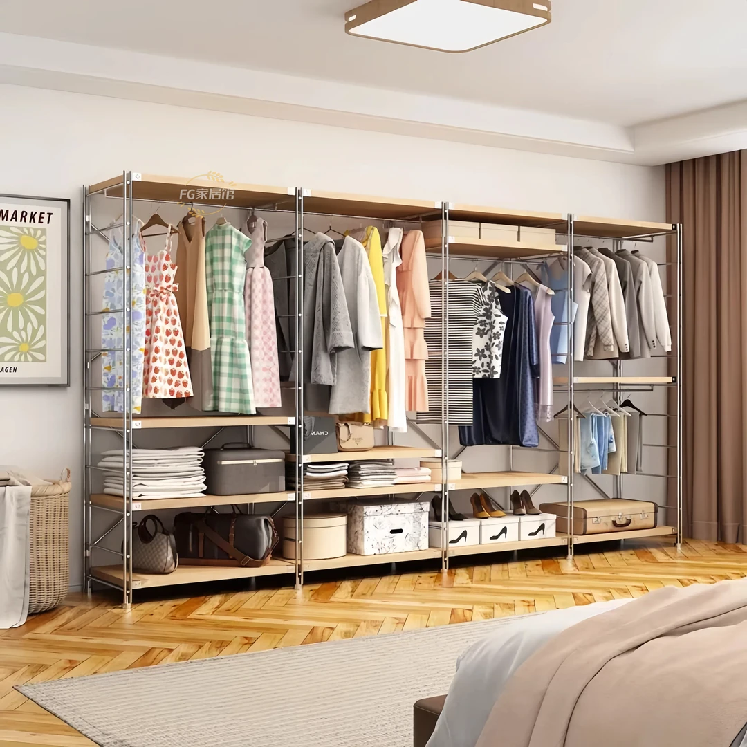 开放式衣架家用卧室铁艺悬挂衣架落地式衣帽间架子多功能收纳衣架