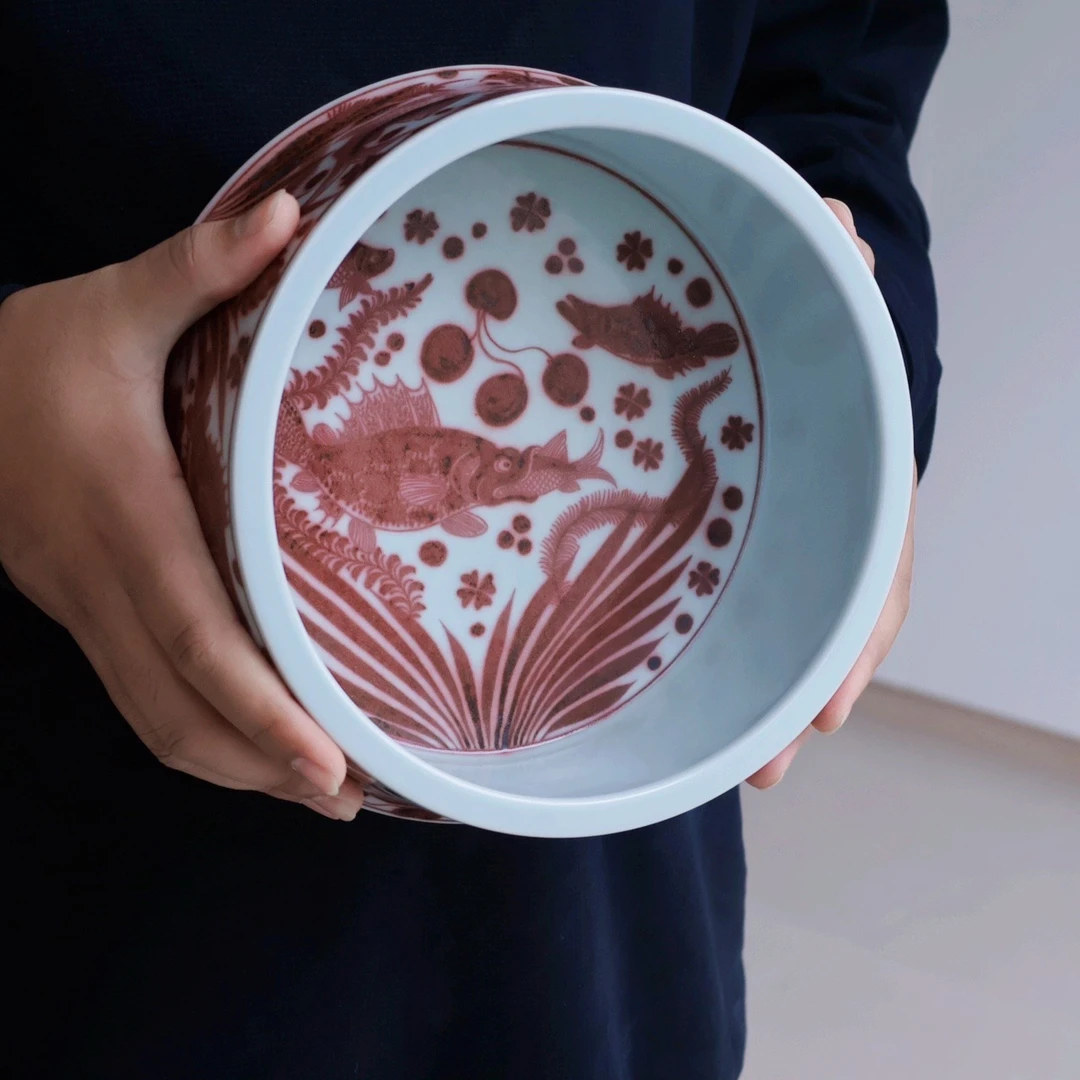 景德镇高温手工陶瓷空谷元坊原矿釉里红鱼藻纹大水洗纯手工家用