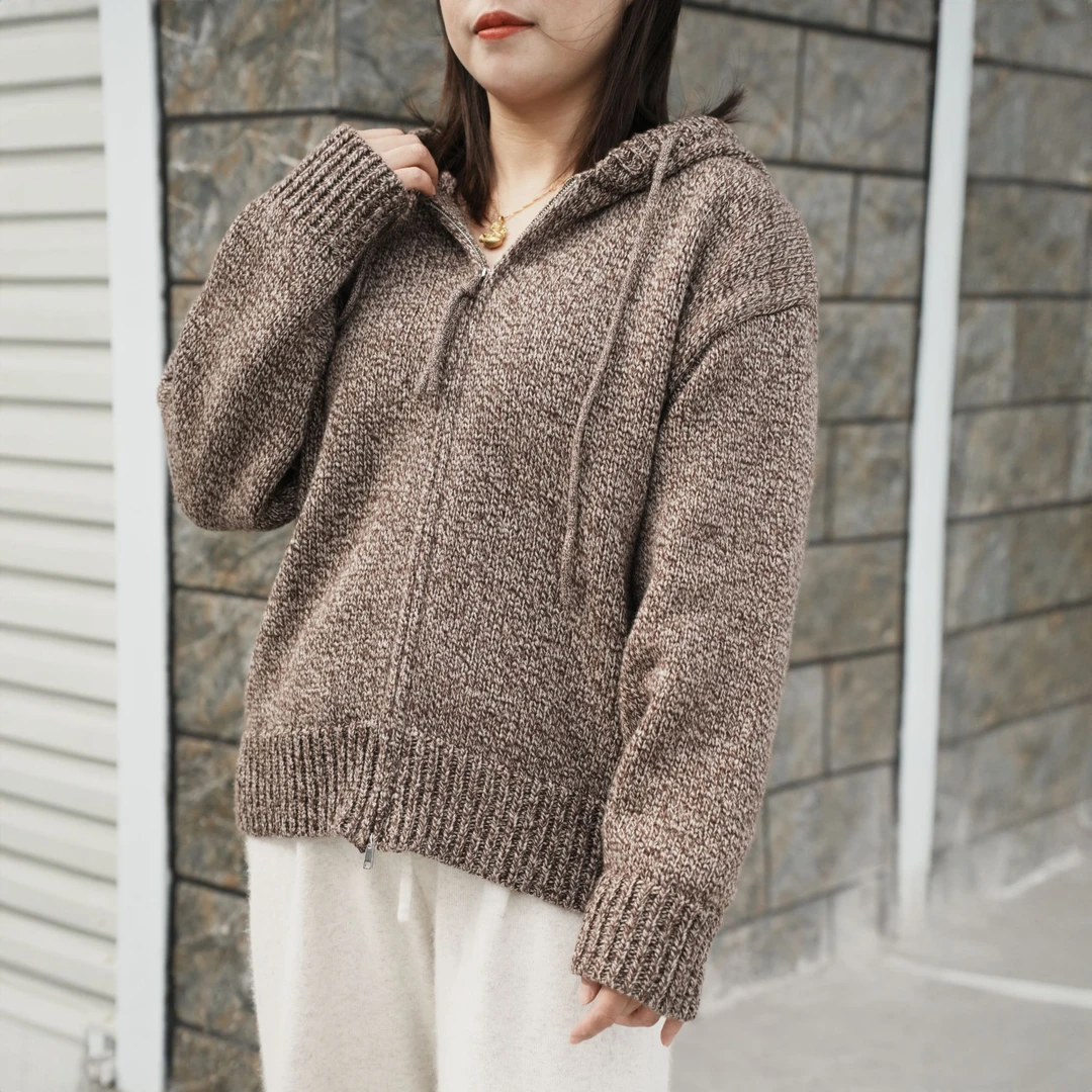 【30羊毛】重磅加厚花纱羊毛连帽针织拉链毛衣外套ND88135